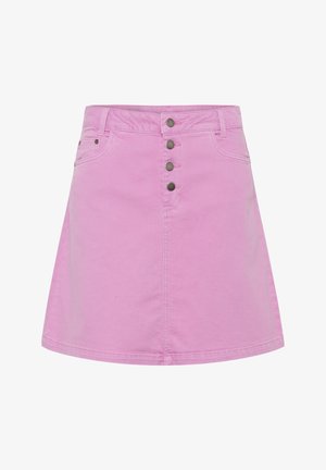 Gonna svasata in denim rosa con quattro bottoni in metallo sul davanti, passanti per cintura e due tasche frontali.