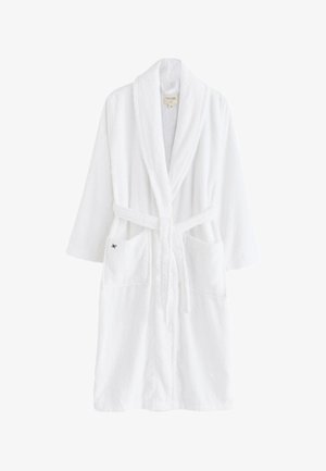 Weißer langer Frottee-Bademantel mit Schalkragen, zwei vorderen Taschen und einem Taillengürtel.