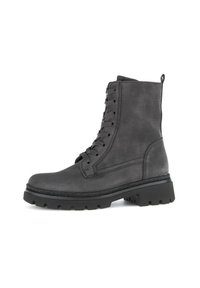 Grijze veterschoenen met een stevige profielzool en een lipje aan de achterkant, weergegeven in rechter zijaanzicht op een witte achtergrond.