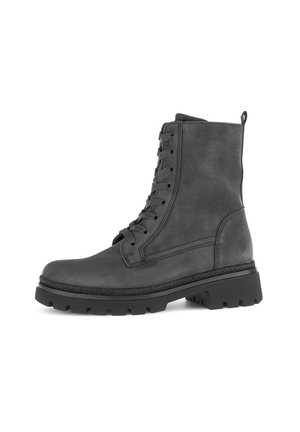 Gray lace-up combat boot with thick treaded sole and pull tab at the back, shown in right-side profile on a white background.