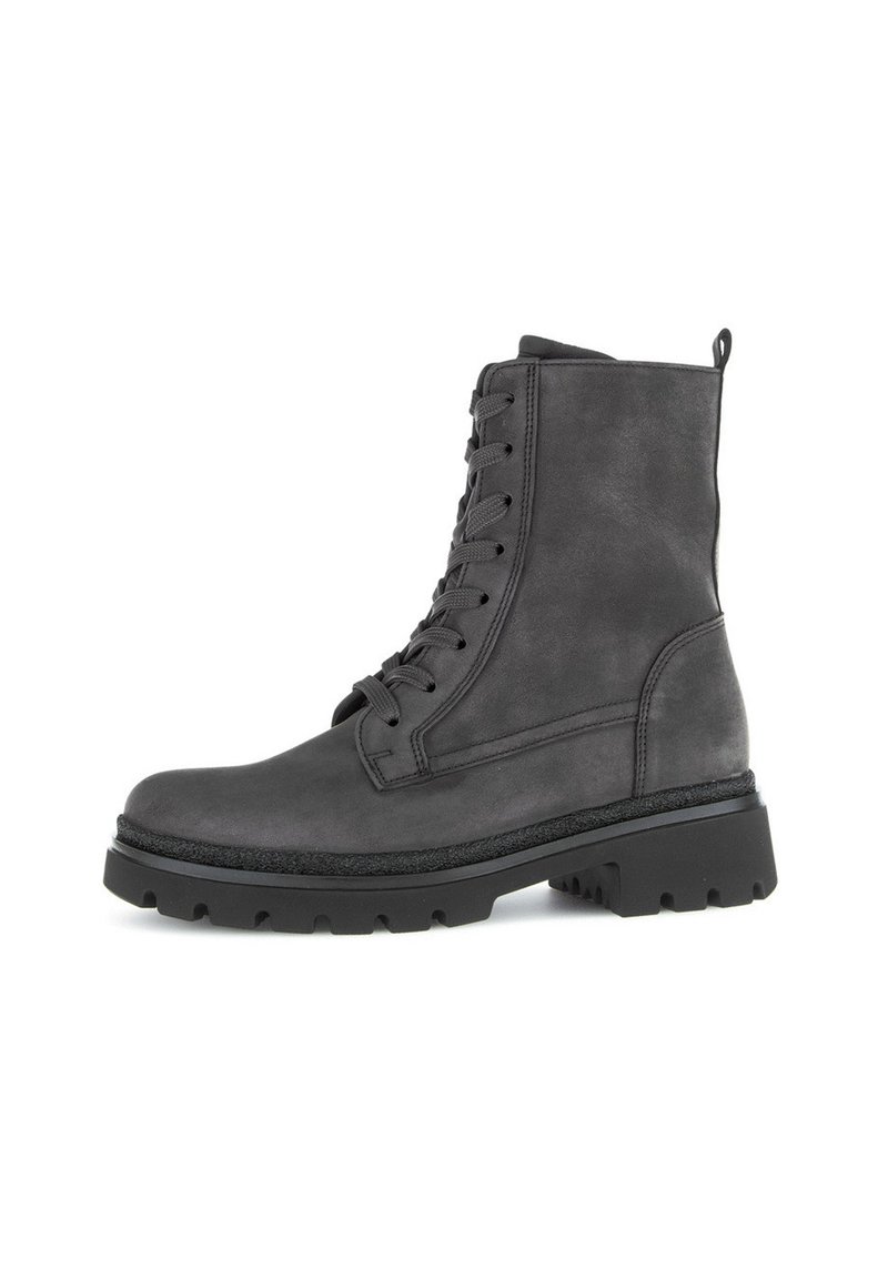Grijze veterschoenen met een stevige profielzool en een lipje aan de achterkant, weergegeven in rechter zijaanzicht op een witte achtergrond.