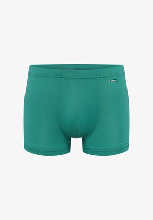 Boxer da uomo turchese con cuciture visibili e un piccolo logo "olaf benz" sul lato sinistro vicino alla vita.