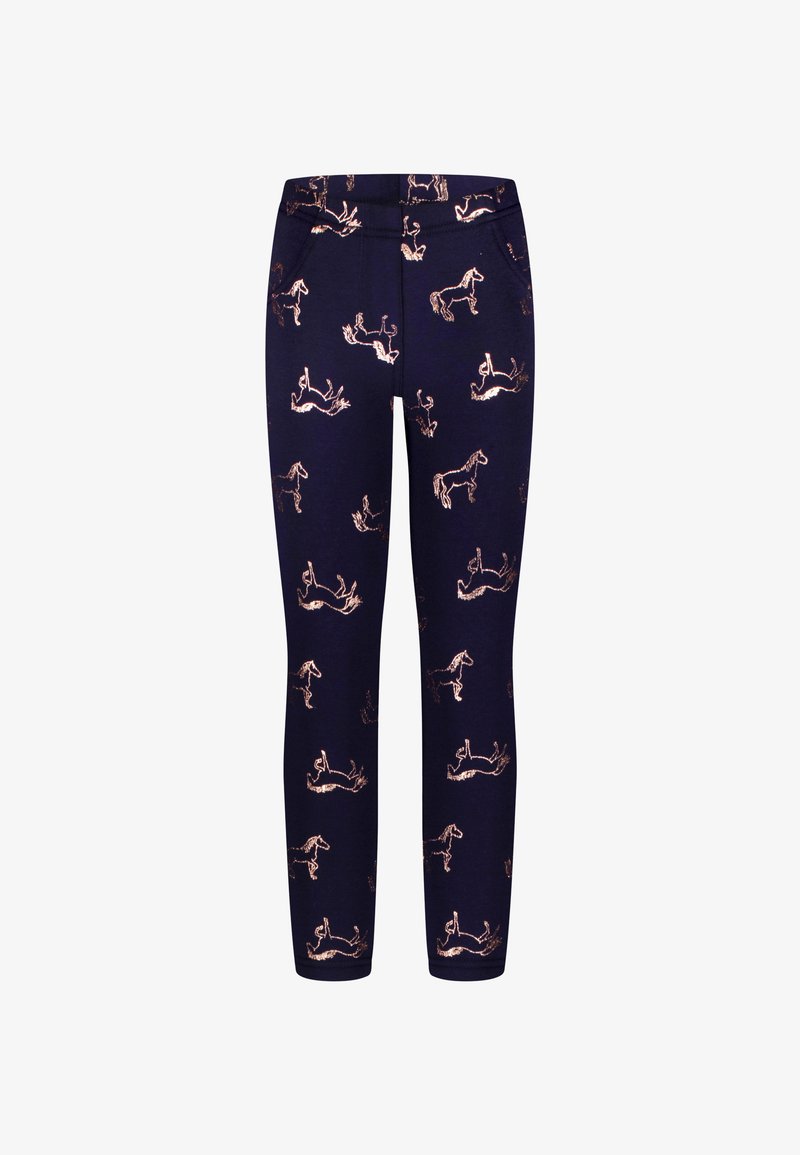 Navy leggings met een herhalend rosegouden paardenprint. Zachte stof met een aansluitend ontwerp en zakken aan de zijkanten.