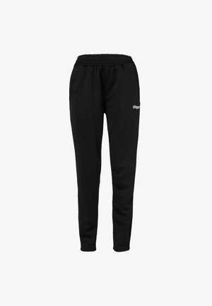 Zwarte joggingbroek van zacht materiaal met een elastische tailleband, zijzakken en witte logodetail op het linkerbeen. Aansluitende pasvorm.