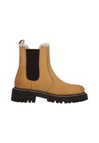 Bottine Chelsea en cuir tan avec des panneaux élastiques noirs, doublure en fausse fourrure et semelle en caoutchouc noir épaisse avec un profond relief pour une meilleure adhérence.