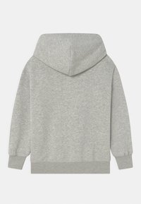 Felpa grigia con cappuccio, realizzata in tessuto morbido. Presenta maniche lunghe, una vestibilità comoda e polsini e orlo a costine. Design minimalista.