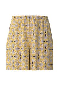 Gele shorts met een herhalend bloemenpatroon in zwart en wit. Gemaakt van lichtgewicht stof met een elastische waistband voor comfort.