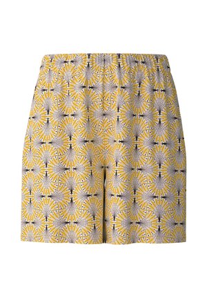 Yellow shorts with a repeating floral pattern in black and white. Made from lightweight fabric with an elastic waistband for comfort.