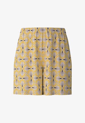 Gele shorts met een herhalend bloemenpatroon in zwart en wit. Gemaakt van lichtgewicht stof met een elastische waistband voor comfort.