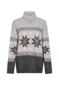 Grijze gebreide trui met een col, met een Fair Isle patroon in zwart, roze en beige over de borst en een donkergrijze zoom.