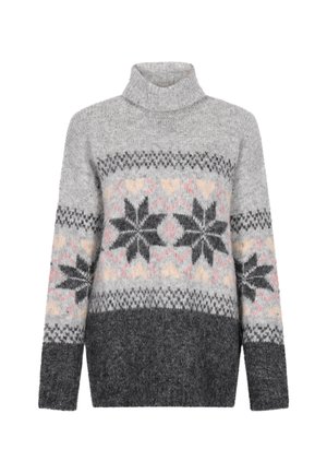 Pilkas megztinis su aukštu kaklu, puošiamas Fair Isle raštu juoda, rožine ir smėline spalvomis krūtinės srityje bei tamsiai pilku apdailos kraštu.
