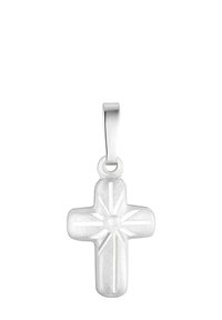 Sølvcross-hänge med en texturerad matt yta, prytt med en central cirkulär detalj och strålar som sträcker sig ut från mitten.