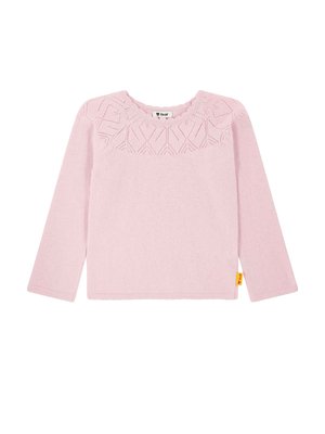 Helles rosa Langarmpullover mit strukturiertem, gemustertem Einsatz, gewelltem Ausschnitt und gelbem Etikett am Saum. Weiches Strickmaterial.
