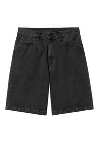 Pantalones cortos de denim negro con corte recto. Cuenta con cinco bolsillos, cierre de botón y trabillas para cinturón. El material presenta una textura deslavada.