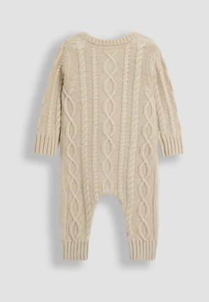 Beige strikket romper med kabelstriksmønster, lange ærmer, ribbede manchetter og rund halsudskæring. Blød tekstur og afslappet pasform.