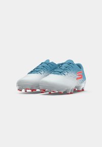 Pair of blue and white soccer cleats with red studs and a red logo on a white background, angled to show the front and side.