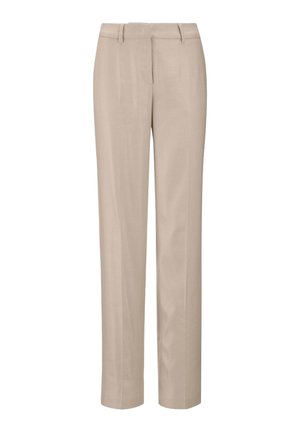 Beige tailored trousers with a straight-leg cut. Made from a smooth fabric, featuring a flat front design and belt loops for a clean look.