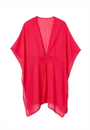 Caftán transparente de color rosa brillante con escote en V, mangas sueltas, cierre con lazo frontal y pequeños pompones decorativos a lo largo de los bordes.