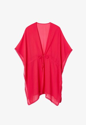 Caftan rose vif transparent avec col en V, manches amples, fermeture à nouer devant et petits pompons décoratifs le long des bords.