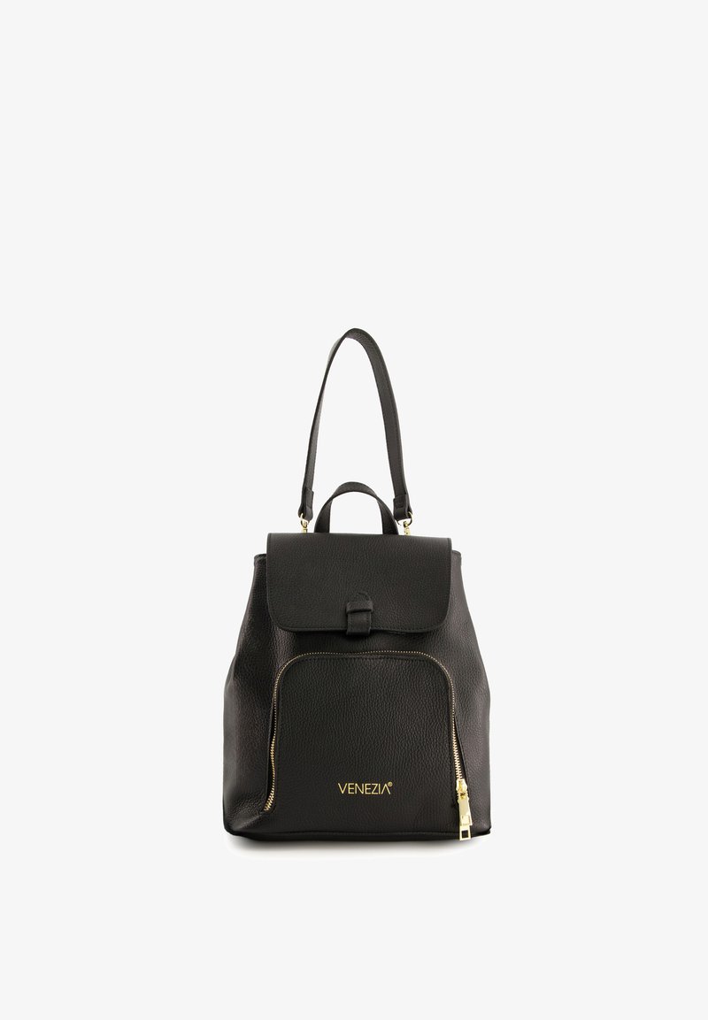 Black leather backpack with a structured design, gold accents, top handle, adjustable straps, and a front zip pocket featuring a logo.
