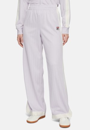 Lichtlavendelkleurige gestreepte broek met wijduitlopende pijpen en een elastische tailleband, voorzien van witte zijaccenten en een klein logo-label op de linkse heup.