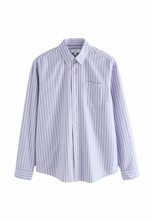 Light blue button-up shirt with long sleeves and white and pink vertical stripes, featuring a chest pocket and button-down collar.