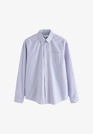 Light blue button-up shirt with long sleeves and white and pink vertical stripes, featuring a chest pocket and button-down collar.