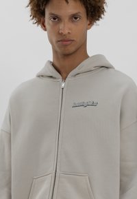 Felpa zip grigia chiara realizzata in materiale per felpe. Presenta un cappuccio, grandi tasche frontali e ricami stilizzati sul petto.