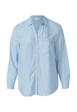 Chemise à manches longues bleu clair avec rayures blanches verticales et une poche poitrine, dotée d'un col classique et de poignets à boutons.