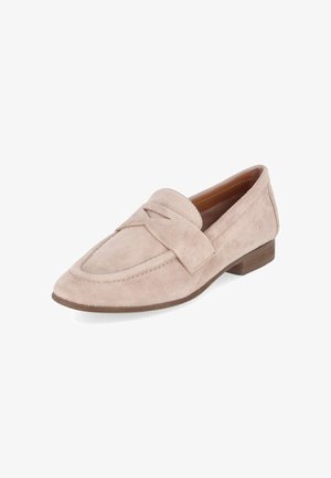 Beiger Wildleder-Slipper mit spitz zulaufender Kappe, niedrigem Holzabsatz und breitem Riemen über dem Vorderblatt.