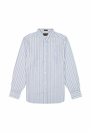 Herrenhemd mit langen Ärmeln und Knöpfen, mit blauen, weißen, pinken und gelben vertikalen Streifen und spitzem Kragen.