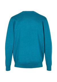 Turkusowy sweter dziany z długimi rękawami, okrągłym dekoltem i ściągaczami przy mankietach. Miękka faktura, lekka konstrukcja oraz jednolity kolor bez wzorów.