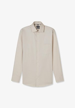 Beige long-sleeve shirt made of textured fabric, featuring a classic collar, button front, and a chest pocket on the left side.