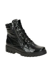 Black patent leather ankle boot with a round toe, lace-up front, side zipper, and rugged sole. Features padded collar and textured accents.