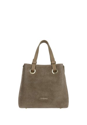 Borsa in camoscio taupe con due manici in pelle fissati da anelli dorati, forma rettangolare strutturata e piccolo nome del marchio impresso sul davanti.