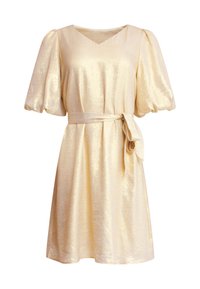 Kurzärmeliges, V-Ausschnitt-Kleid aus glänzendem, hellgoldenem Stoff mit tailliertem Gürtel und lockerer Passform.