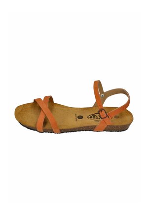 Flache Sandale mit beige-farbenen Lederkreuzriemen und Knöchelriemen mit Schnalle, gepolsterte Kork-Fußsohle und schwarze Gummisohle, Größe 38.