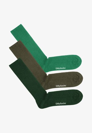 Kolme paria ribattuja sukkia vihreänä, tummanvihreänä ja ruskeana. Jokaisessa on yhtenäinen väri ja "DillySocks" -logo sivussa.