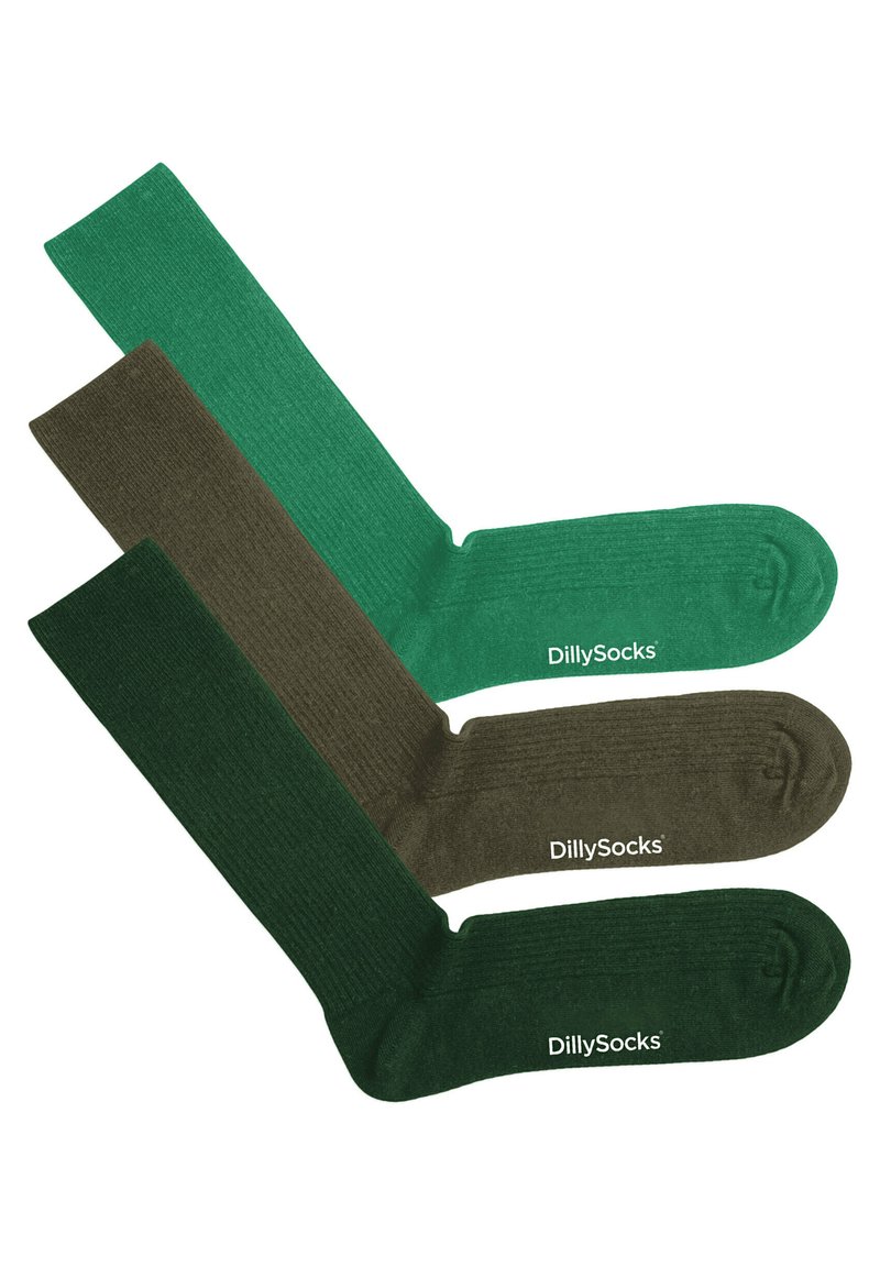 Drei Paar gerippte Socken in Grün, Dunkelgrün und Braun. Jede Sockenpaar hat eine einfarbige Gestaltung mit dem "DillySocks"-Logo an der Seite.