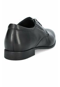 Czarne skórzane buty o gładkiej powierzchni, zaokrąglonym nosku, sznurowanym wzornictwie i niskim, solidnym obcasie. Posiadają delikatne detale w przeszyciach.