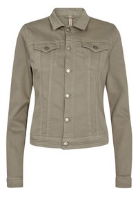 Khaki denim jack met een knoopsluiting aan de voorkant, twee borstzakken en een klassieke kraag. Voorzien van zilverkleurige hardware en een getailleerd ontwerp.