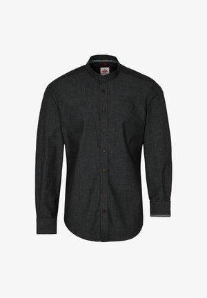 Langärmliges schwarzes Hemd mit Knöpfen aus strukturiertem Stoff, das einen Stehkragen und kontrastierende Innenmanschettendetails aufweist.