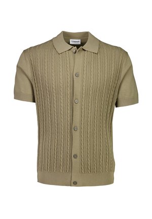 Khaki short-sleeve knitted cardigan featuring a cable pattern, a classic collar, and six buttons down the front, with ribbed sleeve cuffs and hem.