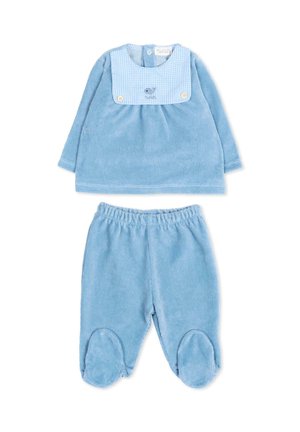 Completo morbido in velluto a coste blu per bebé con maglia a maniche lunghe che presenta un bavaglino a quadretti e una ricamatura di balena, abbinato a pantaloni con piedini coordinati.