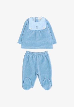 Completo morbido in velluto a coste blu per bebé con maglia a maniche lunghe che presenta un bavaglino a quadretti e una ricamatura di balena, abbinato a pantaloni con piedini coordinati.