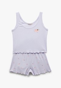Ensemble de pyjama en coton violet composé d'un débardeur avec un graphique de chien et d'un short froncé avec un petit motif de chien. Matière douce et respirante.