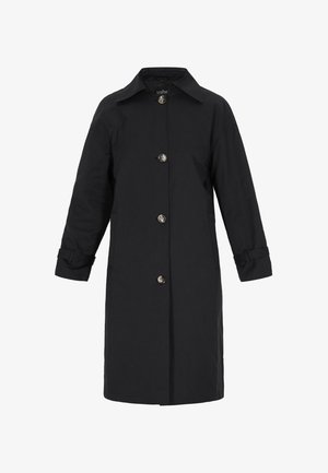 Zwarte jas van gladde stof, met een klassieke kraag, knoopsluiting en lange mouwen met verstelbare manchetten. Geen zichtbare zakken.