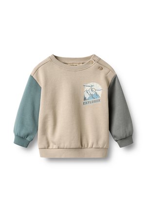 Beigefarbener Sweatshirt für Kleinkinder mit blauen und grauen Ärmeln, Berggrafik, Sonnenillustration und "Explorer"-Text auf der Vorderseite, mit zwei Schulterknöpfen.