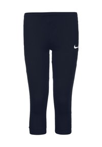 Leggings capri blu navy realizzati in tessuto elasticizzato con un design aderente. Presentano un logo Nike bianco posizionato sul lato sinistro. Tessuto liscio, senza motivi.