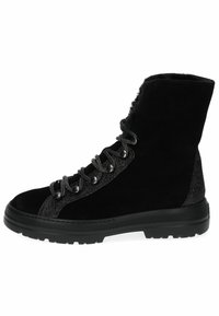 Black lace-up ankle boots feature a combination of smooth and textured materials, with metallic accents and a rugged rubber sole.